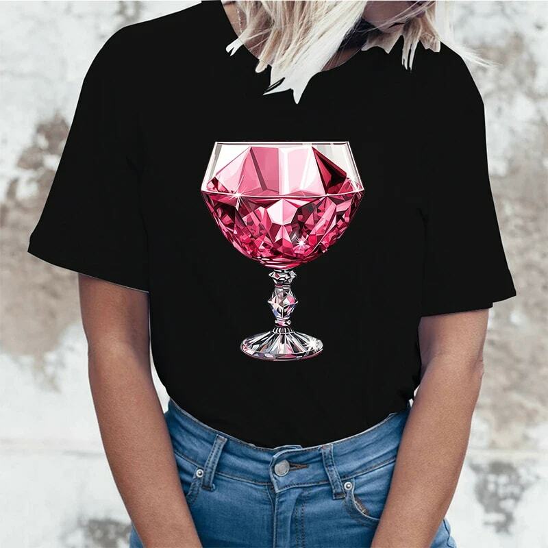 تي شيرتات نسائية مطبوعة من الزجاج والنبيذ الوردي ، قمصان كاجوال بأكمام قصيرة ، قمم برقبة مستديرة ، أزياء صيفية ، جودة عالية #2