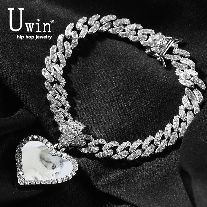 قلادة صور على شكل قلب Uwin ، سلسلة كوبية ، مطلية بالذهب ، فضة ، فاخرة ، سلسلة صغيرة من الزركونيوم المكعّب