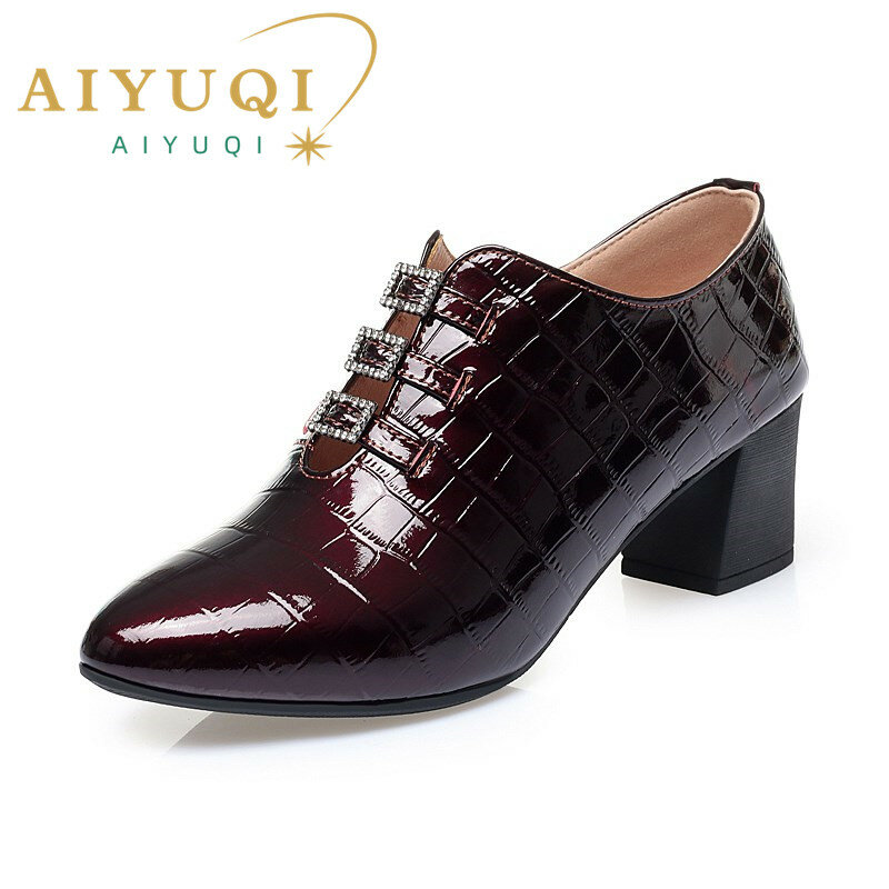 AIYUQ-حذاء من الجلد الطبيعي للنساء ، إصبع مربع ، كعب متوسط ، لامع ، فردي ، موضة ، خريف ،