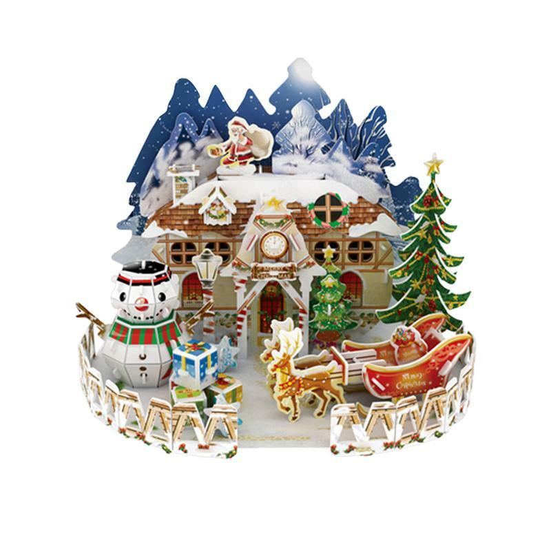 الألغاز ثلاثية الأبعاد في قرية الكريسماس ، مشهد الثلج الأبيض ، بلدة صغيرة ، ديكورات الهدايا