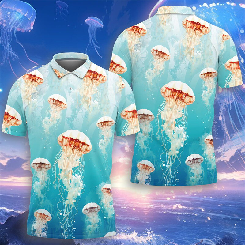 قنديل البحر للرجال قميص بولو مطبوع ثلاثي الأبعاد ، عطلات هاواي ، الشاطئ ، الأكمام القصيرة ، الحيوانات البحرية ، قمم الأسماك الهلامية ، قمم جميلة