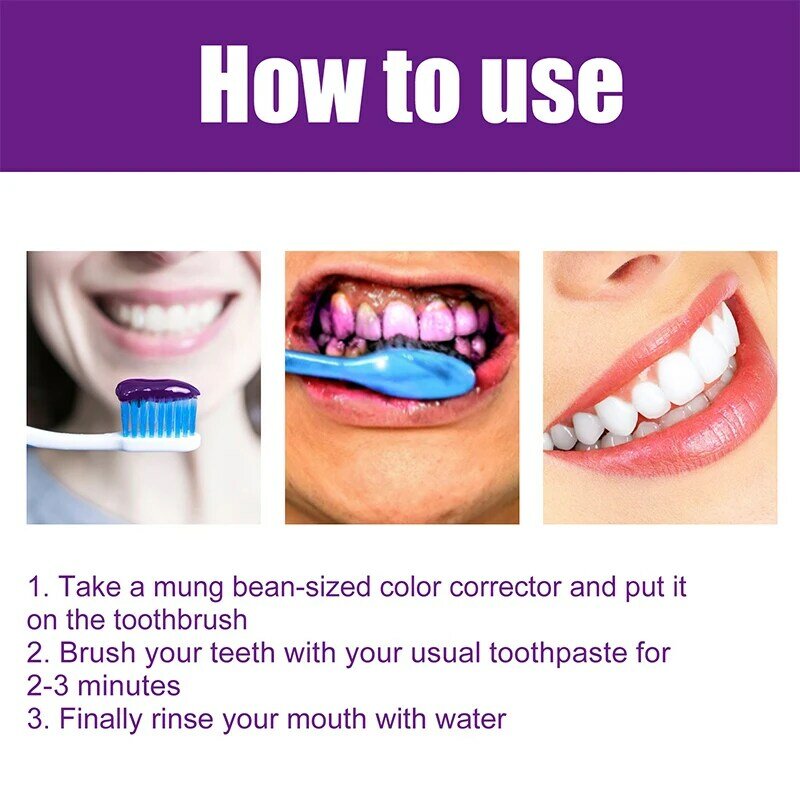 30 مللي معجون الأسنان تبييض الأرجواني إزالة البقع تقليل اصفرار الرعاية لثة الأسنان التنفس النقي اشراق الأسنان