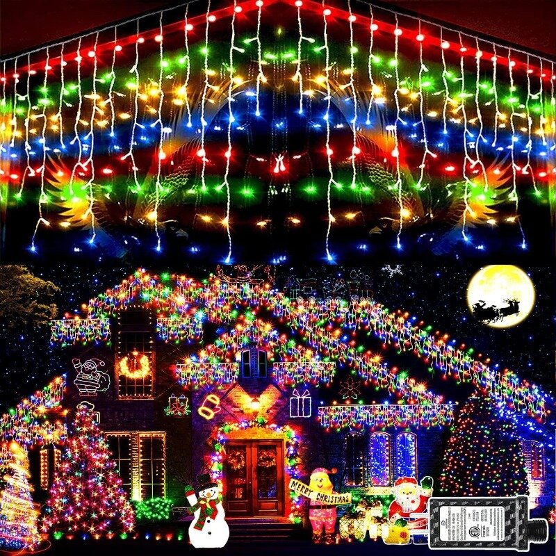 أضواء سلسلة معلقة متعددة الألوان ، عيد الميلاد في الهواء الطلق 8 أوضاع ، الموقت ، الديكورات ، قطرات خرافية LED ، 164 قدمًا