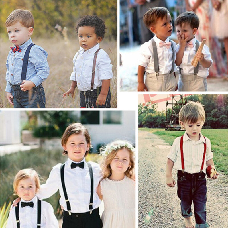 Soild اللون الأطفال حزام ربطة مجموعة طفل بنين بنات الحمالات كليب على Y-الظهر الأقواس ربطة القوس فيونكة مطاطا الاطفال قابل للتعديل