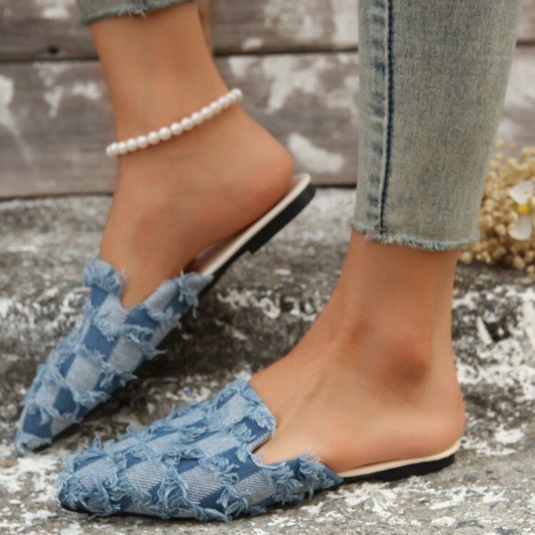 أحذية البغال الزرقاء من الدنيم للنساء ، صنادل بمقدمة مدببة ، شبشب نسائي ، أحذية للسيدات ، نعال كورية ، الصيف ، اتجاه جديد ،