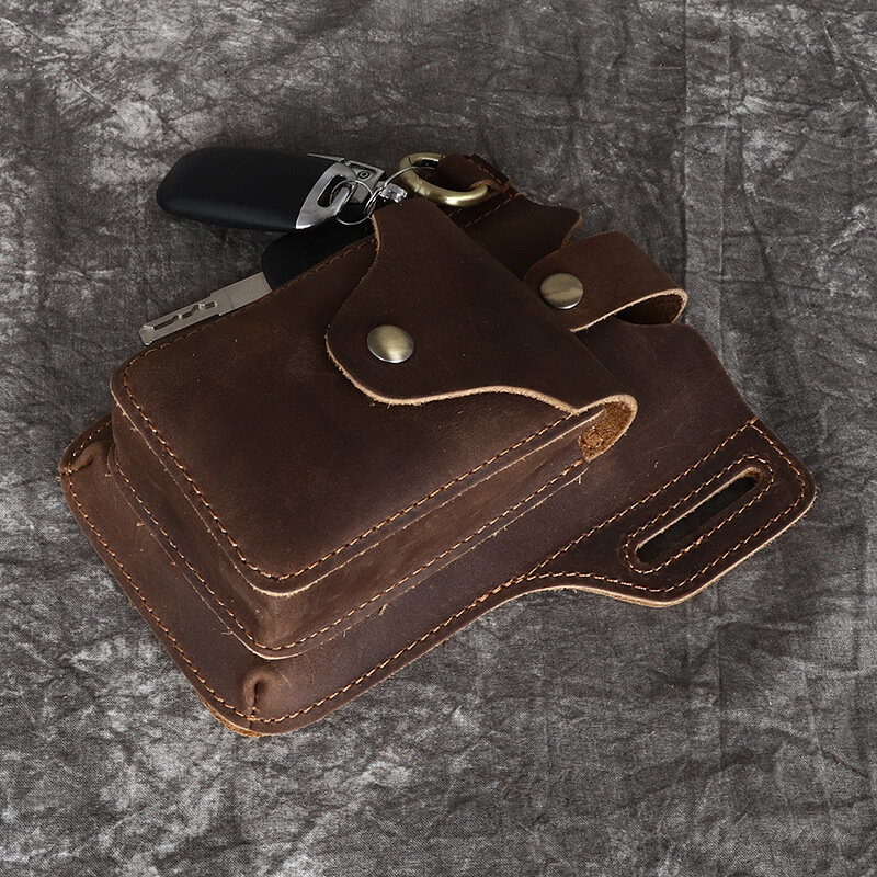 حقيبة خصر من الجلد الطبيعي للرجال مع سلسلة مفاتيح ، محفظة مفاتيح متعددة الوظائف بنمط كلاسيكي ، حقائب خصر رياضية للهاتف