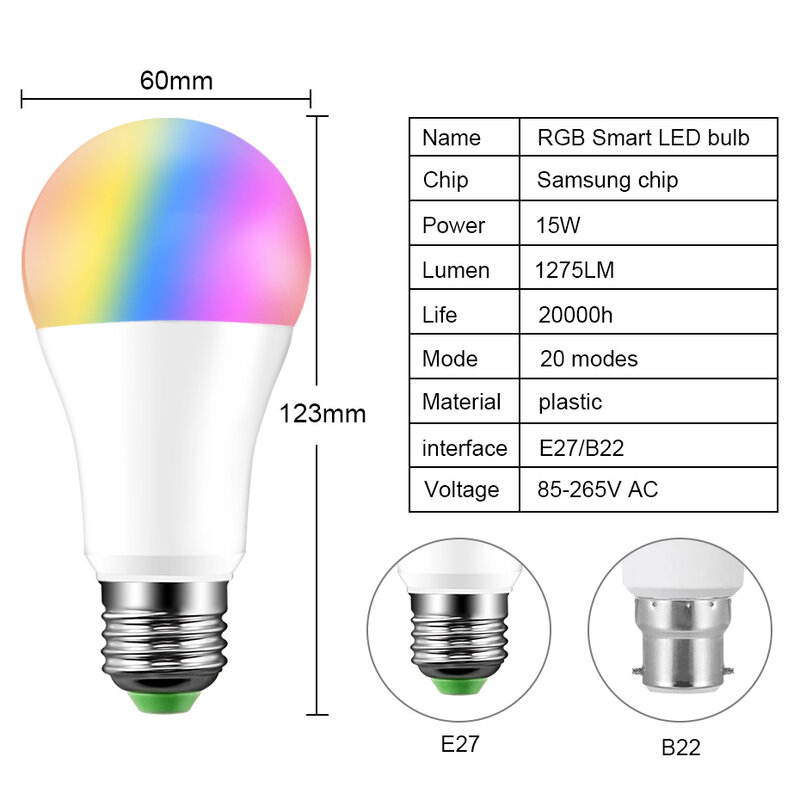 15 واط واي فاي الذكية لمبة B22 E27 RGB LED ضوء لمبة 85-265 فولت اليكسا جوجل المنزل التحكم ، بلوتوث الذكية مصباح عكس الضوء RGB غرفة ديكور