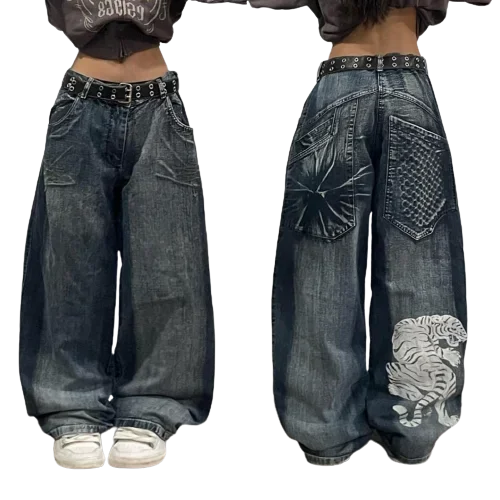 جينز هيب هوب نسائي كلاسيكي ، ملابس الشارع هاراجوكو ، بنطلون قوطي ، خصر مرتفع ، بنطلون ساق واسعة ، جينز فضفاض Y2K ، جينز أمي ، موضة التسعينات
