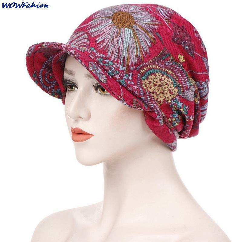 Women Casual Floral Print Cotton Keep Warm Beanies Winter Wide-Brimmed Cap Turban Visor Hat Turbante mujer