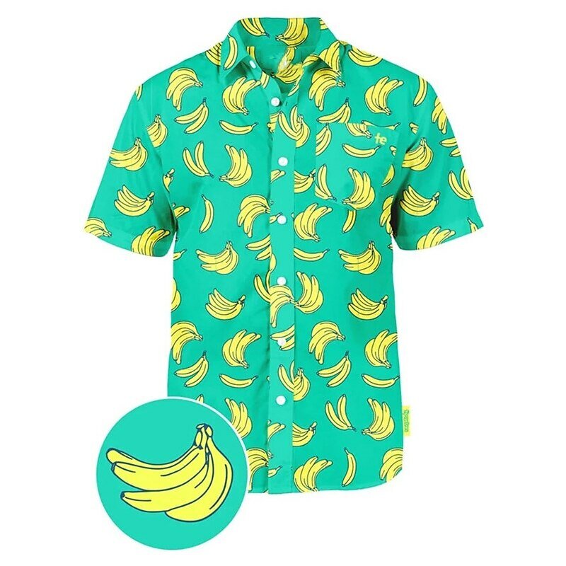 قميص رجالي بأزرار هاواي ، نمط فاكهة ، طية صدر موزة ، أكمام قصيرة ، طباعة أزرار ، ملابس الشوارع ، أزياء خارجية ، الصيف