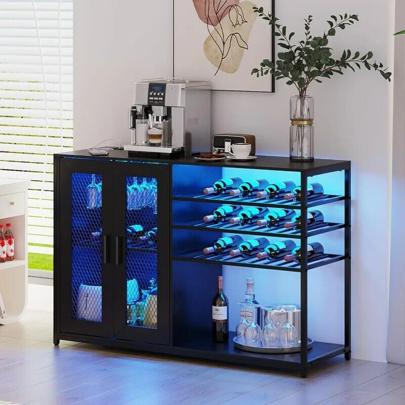 خزانة بار نبيذ بإضاءة ليد ، خزانة قهوة منزلية مع رف نبيذ وحامل زجاجي ، خزانة بوفيه مطبخ مع منافذ طاقة
