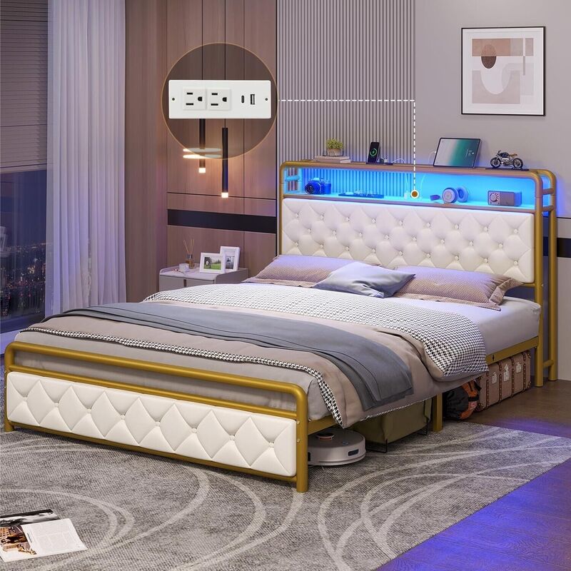 إطار سرير كوين مع مصابيح LED ومحطة شحن ، إطار سرير منصة حديث