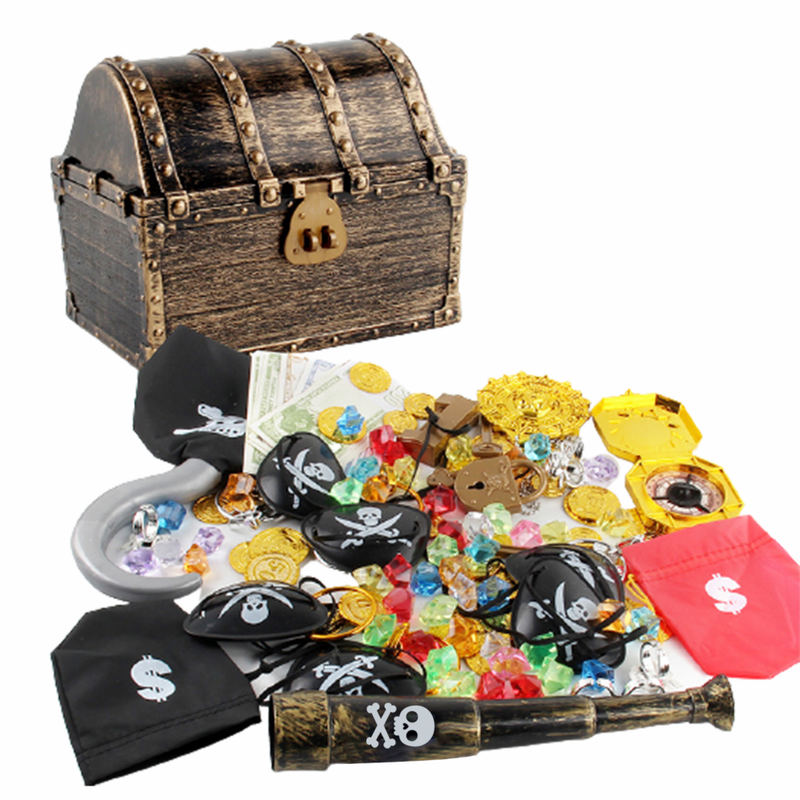 143PCS Deluxe Pirate Treasure Chest Box Toys, Kid's Party Favor Sets, Large Size Vintage Brown Kids Storage Treasure Box