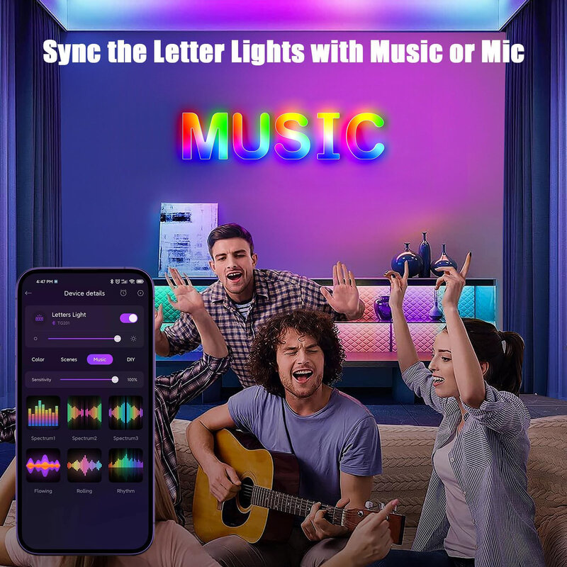 ضوء الحروف الأبجدية LED ، علامة مزامنة الموسيقى ، ملونة مع التطبيق الذكي ، MeRGBW ، ديكور للصبيان والفتيات ، ضوء ليلي للأطفال ، هدية