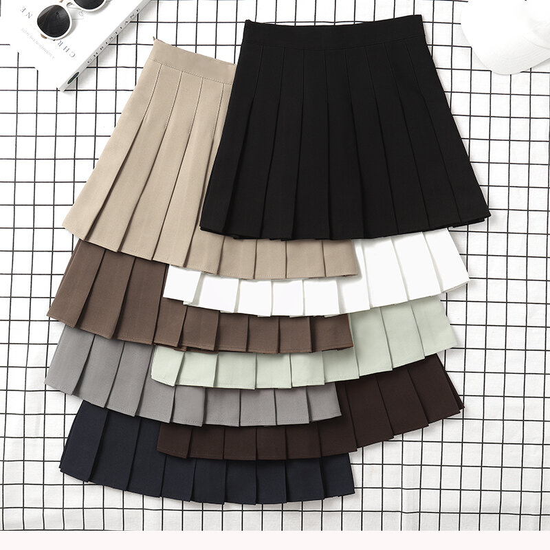 تنورة نسائية عالية الخصر بنمط كوري تنورة مطوية صغيرة زي مدرسي للسيدات لون بني وأسود Harajuku ملابس صيفية 2022