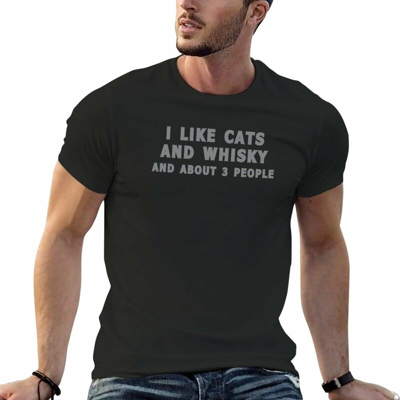 تي شيرت Graphic للرجال ، أنا أحب القطط ، الويسكي وحوالي 3 أشخاص ، الوزن الثقيل ، جديد
