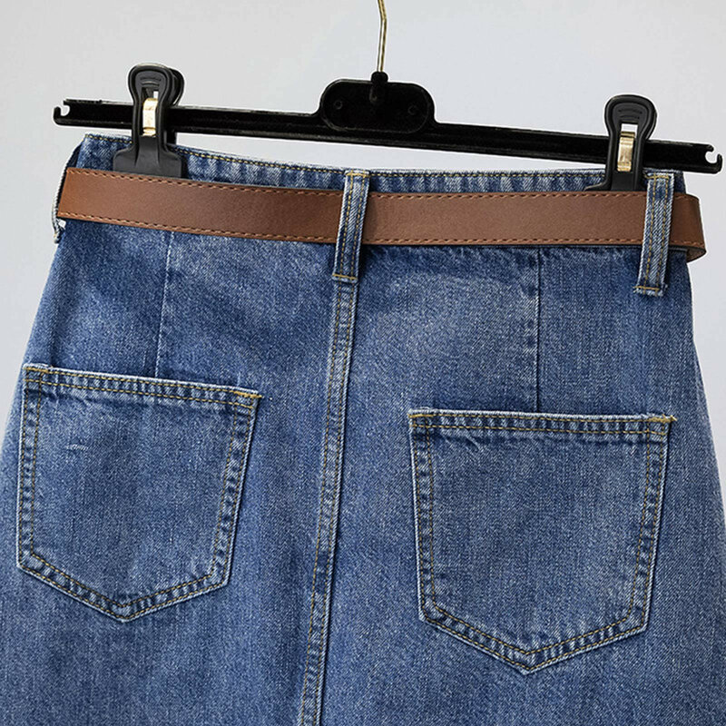 تنورة جينز نسائية تطريز عالي الخصر متوسط الطول ، فتحة تنحيف ، حقيبة ورك ، خط ، جديد ، الربيع والصيف