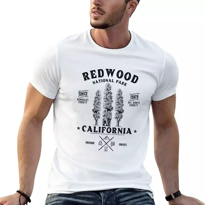 خشب أحمر-تي شيرت رجالي عتيق ، كبير الحجم ، أبيض ، للتخييم ، المشي لمسافات طويلة ، الحديقة الوطنية ، كاليفورنيا
