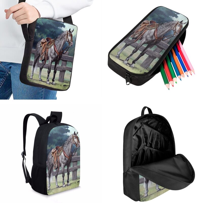 Jackherelook فن الحصان نمط الطباعة للأطفال الحقائب المدرسية العملية الترفيه السفر على ظهره كلية الطالب حقيبة الكمبيوتر