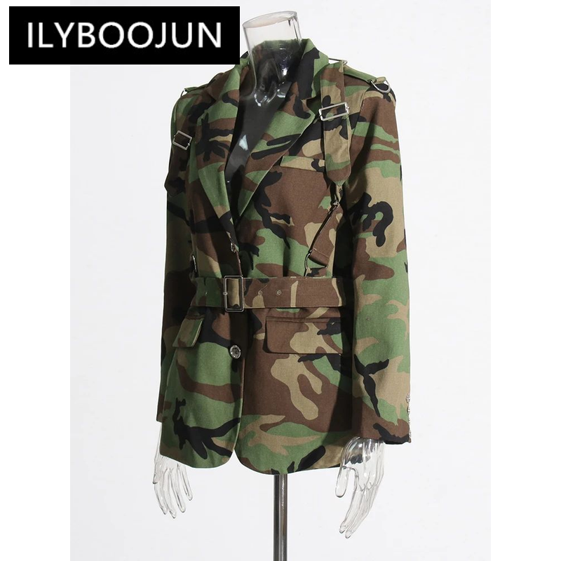 Ilyboojun-سترة نسائية مرقعة ، حزام مرقّع ، أكمام طويلة ، بياقة مسننة ، زر مقسم ، أنيق ، جديد