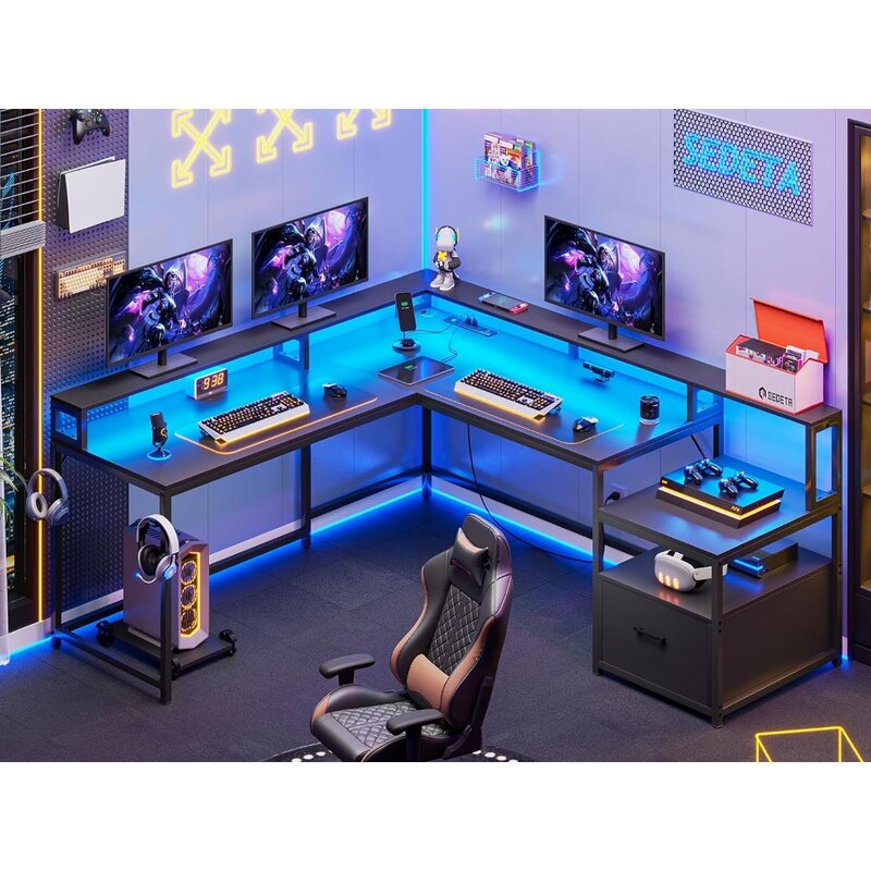 مكتب ألعاب على شكل حرف L ، 66 "، مكتب منزلي مع درج ملف ومنفذ طاقة ، مكتب كمبيوتر للألعاب في الزاوية مع مصابيح Led