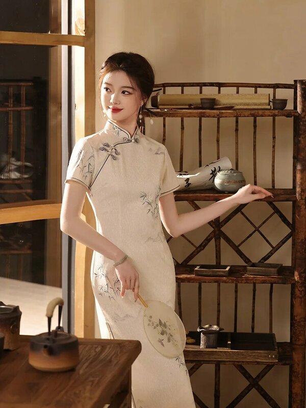 ريترو اليوسفي طوق شيونغسام الصيف طباعة فستان الصينية التقليدية قصيرة الأكمام تشيباو
