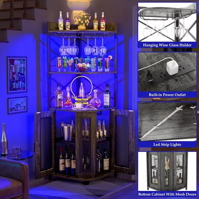خزانة بار زاوية مع منفذ طاقة ، خزانة نبيذ صناعية بشريط LED وحامل زجاج ، خمور من 5 طبقات