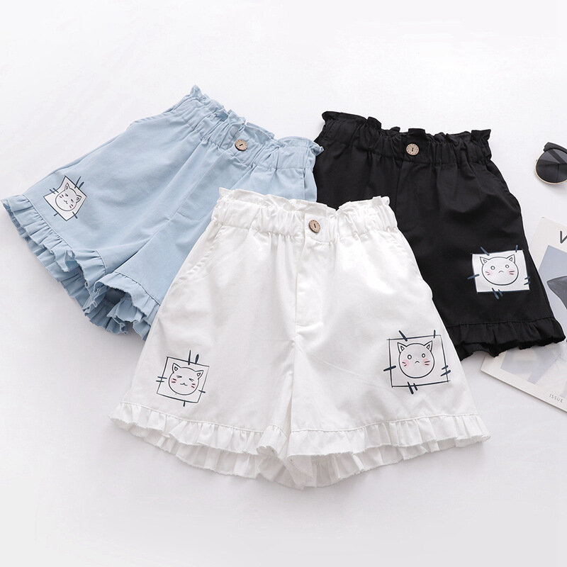 الصيف النساء الملابس كلية نمط Shorts كشكش السراويل اليابانية Kawaii الأزرق السراويل للفتيات في سن المراهقة لينة لطيف القط الكرتون طباعة
