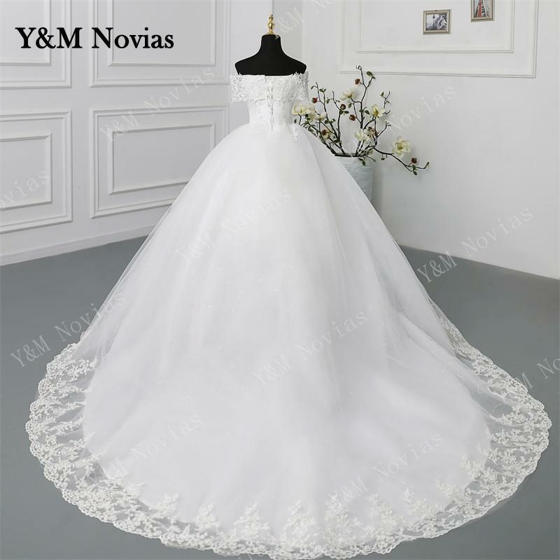 Y & M Novias قبالة الكتف حجم كبير Vestido De Noiva 2023 فستان الزفاف قطار طويل أو الطابق زين اللؤلؤ ثوب حريري للزفاف Mariage