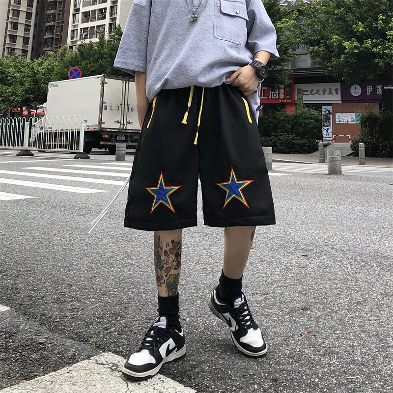 American High Street Hiphop Casual Shorts Men's Summer Couples High Waist Loose Star  Embroidered Sweatpants Women