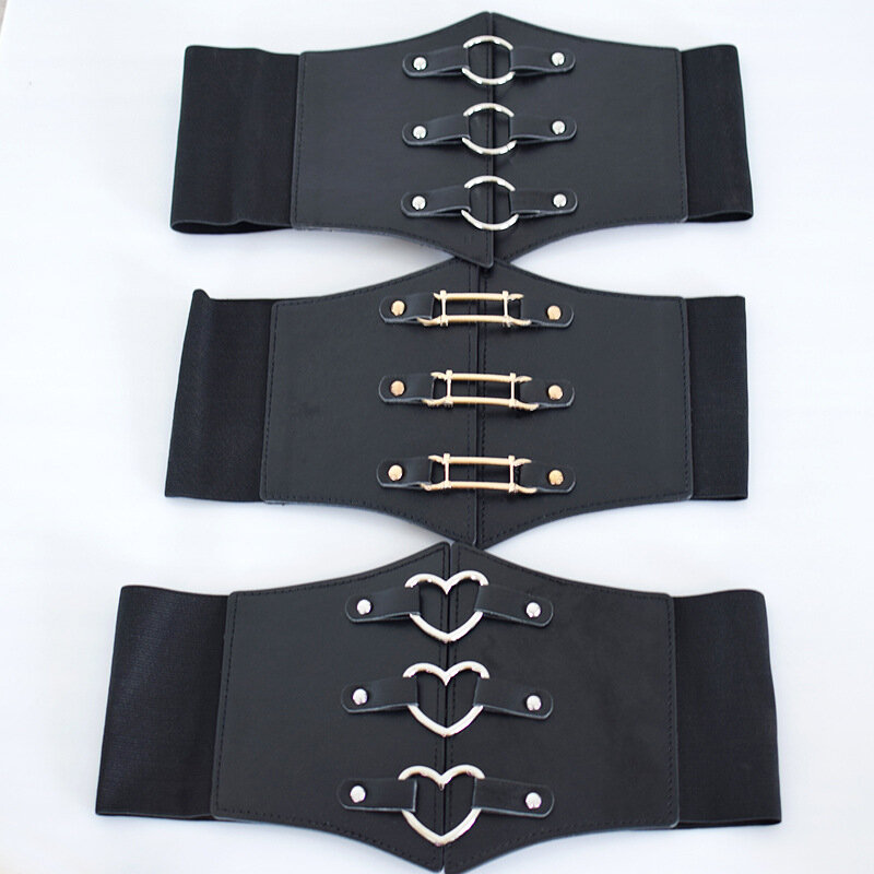 أحزمة مطّاطيّة عصرية قوطية للمرأة مثير أسود من جلد البولي يوريثان حزام مشد عريض للسيدات Cinturones Para Mujer Heart Cummerbunds