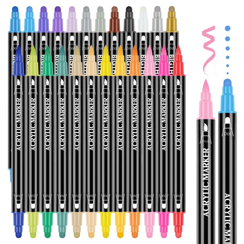 أقلام طلاء أكريليك 24 لونًا أقلام رسم مزدوجة الجوانب للحرف اليدوية