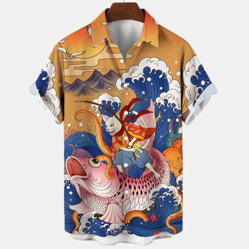2023 الصيف جديد Vintage الرجال ثلاثية الأبعاد الأزهار الصيف الاجتماعية غير رسمية هاواي قصيرة الأكمام قميص الشارع كوي Carp قميص فاخر في الهواء الطلق Cl