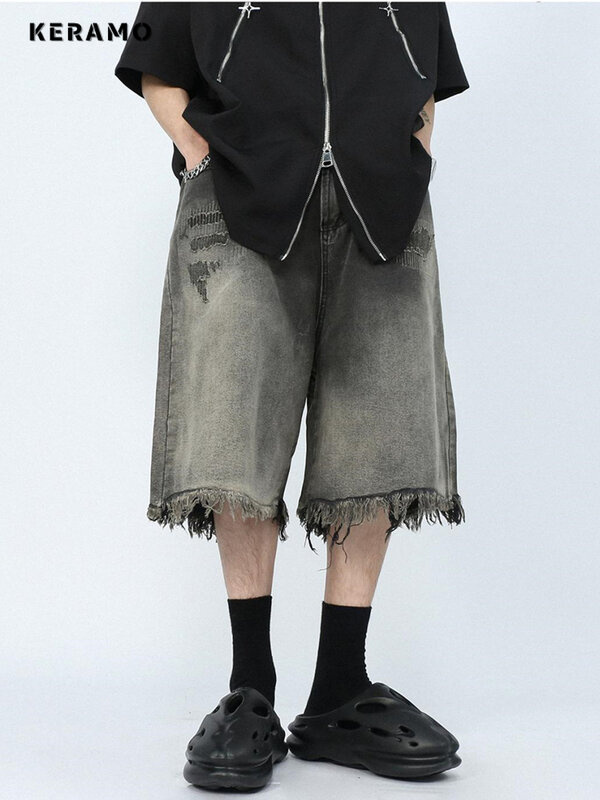 شورت جينز نسائي واسع الساق ، كابريس بتصميم للجنسين ، تصميم حافة لدغ ، خصر مرتفع ، جينز فضفاض بطول الركبة ، أسود ورمادي ، الصيف