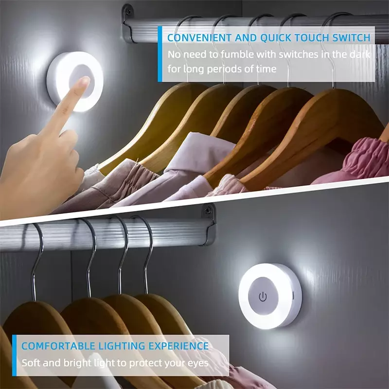 مصباح ليلي صغير LED يعمل باللمس بمستشعر USB قابل لإعادة الشحن يصلح للمطبخ وغرف النوم قاعدة مغناطيسية للحائط مصباح ليلي مستدير محمول يعتم