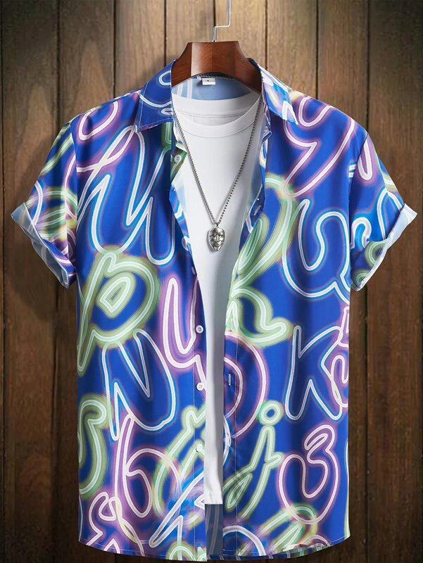 قميص رجالي مطبوع بطية صدر نيون ، قمصان كاجوال بأكمام قصيرة بأزرار ، ملابس رجالية ، ملابس شتوية هاواي ، الصيف
