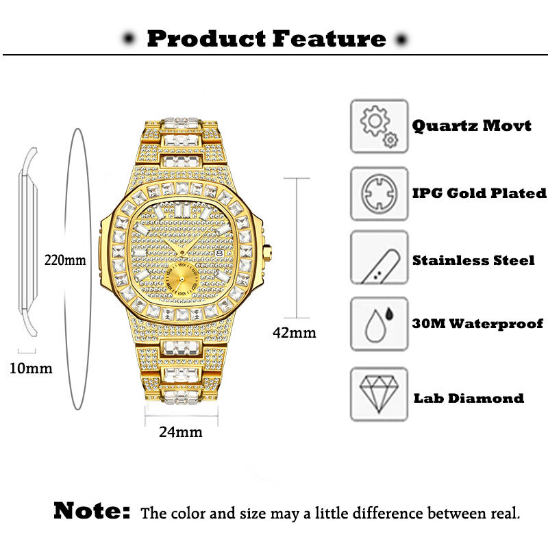 MISSFOX الفاخرة الرجال ساعة الذهب 18K نموذج مرصوف بالكامل الرغيف الفرنسي الماس رجالي ساعات مقاوم للماء التقويم الذكور ساعة ساعة
