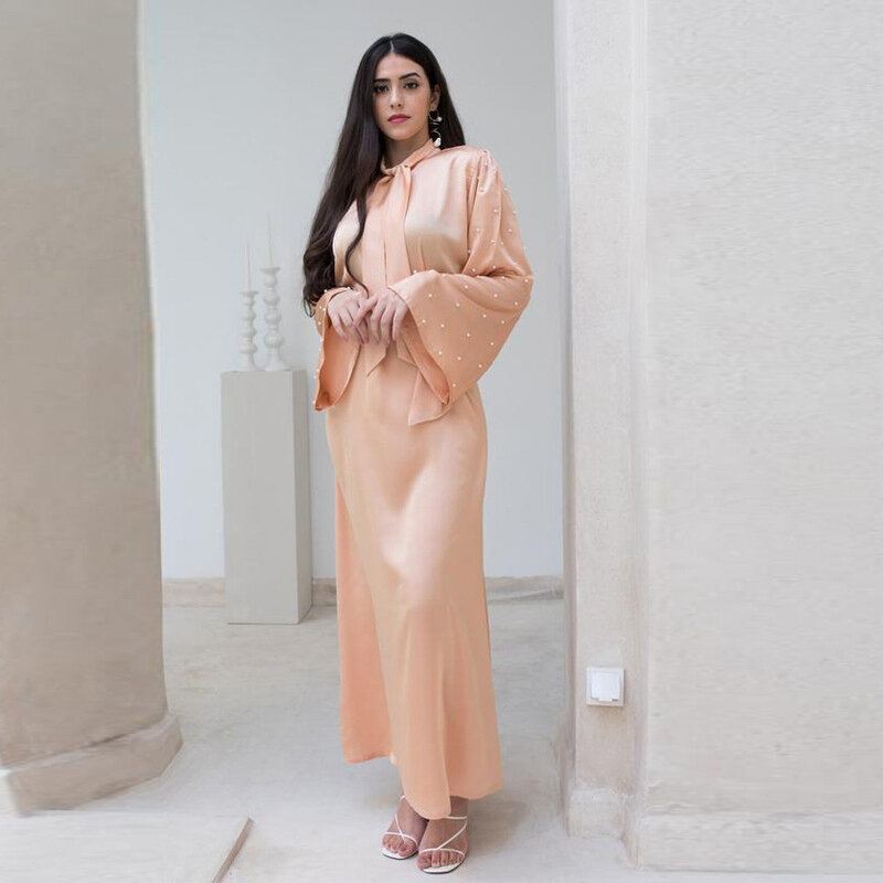 الشرق الأوسط دبي فساتين نسائية فاخرة الحرير اللؤلؤ كم طويل ربطة العنق فستان عالية الخصر سليم رداء حفلات 2023 خريف جديد
