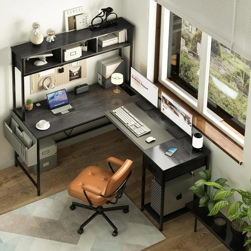 مكتب ألعاب على شكل حرف L من Yoobure مع شريط LED ومأخذ طاقة ، مكتب كمبيوتر قابل للعكس ، رف تخزين ودرج