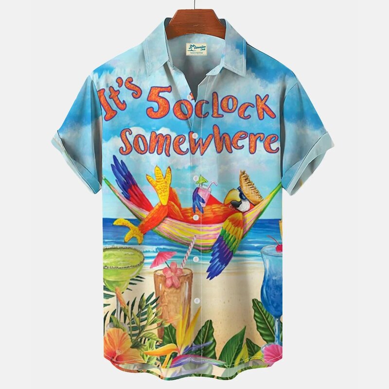 بلوزة هاواي للرجال بزهور ، قميص ببغاء مطبوع ثلاثي الأبعاد هاراجاكو ، ملابس شاطئ هاواي قصيرة ، موضة عتيقة ، قميص روكابيلي صيفي مثير
