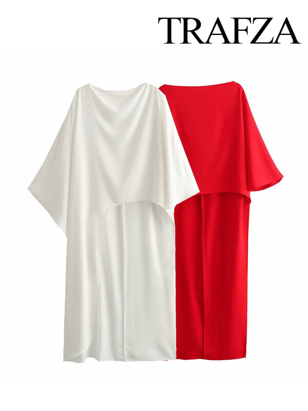 ترافزا-قميص ساتان أحمر غير متماثل للنساء ، قميص طويل غير رسمي ، نمط العطلة ، الموضة ، الرقبة الدائرية ، الخريف ، من TRAFZA