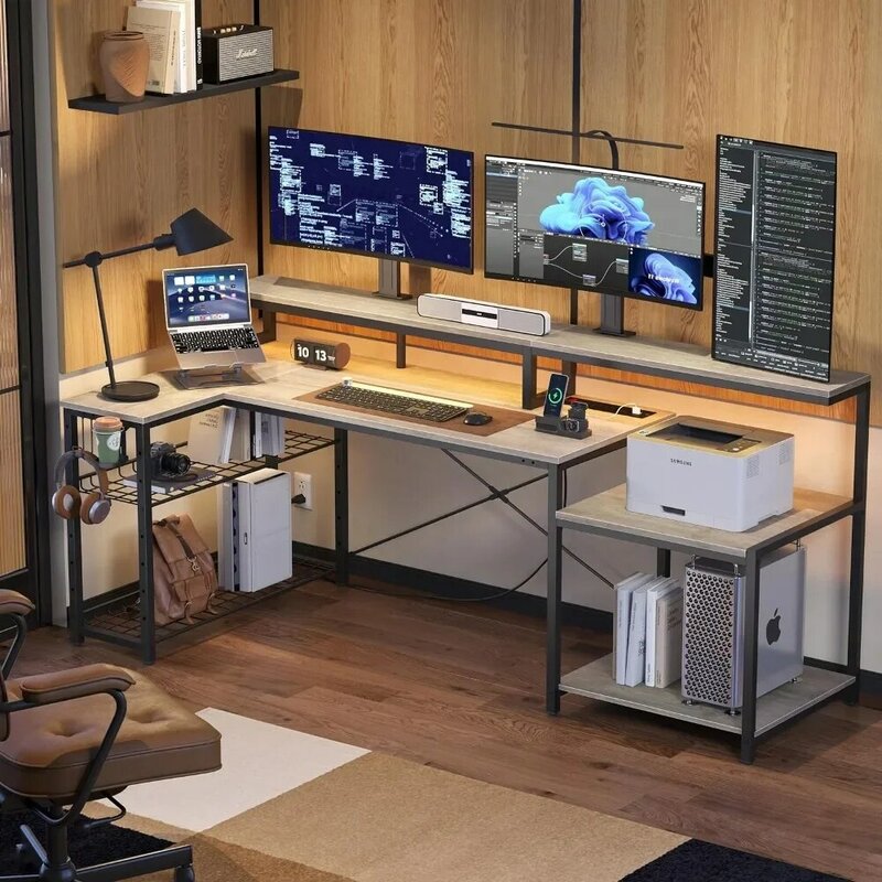 مكتب كمبيوتر بزاوية كبيرة مع رف تخزين ، مكتب مكتب منزلي مع منافذ طاقة ، حامل شاشة طويل ،