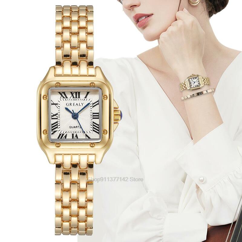 ساعات مربعة فاخرة للنساء ، حزام معدني ذهبي ، ساعات يد كوارتز للسيدات ، ساعة مقياس روماني نسائية عالية الجودة ، موضة ،