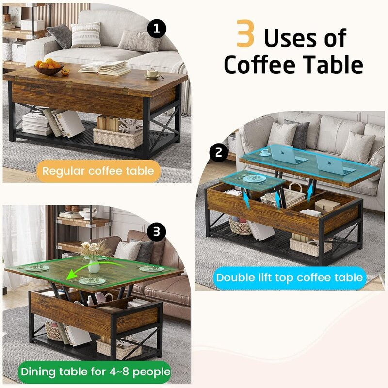متعددة الوظائف رفع أعلى طاولة القهوة مع التخزين ، طاولة القهوة الصغيرة لغرفة المعيشة ، 43 "، 3 في 1