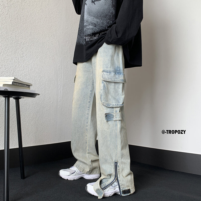 سراويل جينز Hiphop سراويل حريمي بتصميم البضائع سراويل جينز فيبي ستايل أمريكي كبيرة الحجم مستقيمة عالية الخصر بأرجل واسعة وسحاب