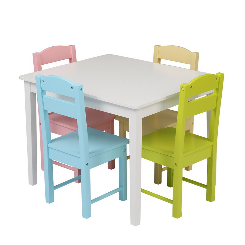 مجموعة كرسي طاولة خشبية للأطفال تتضمن 1 طاولة 4 كراسي الصنوبر P2 كثافة المجلس ملون اللون الطبيعي [US-Stock]