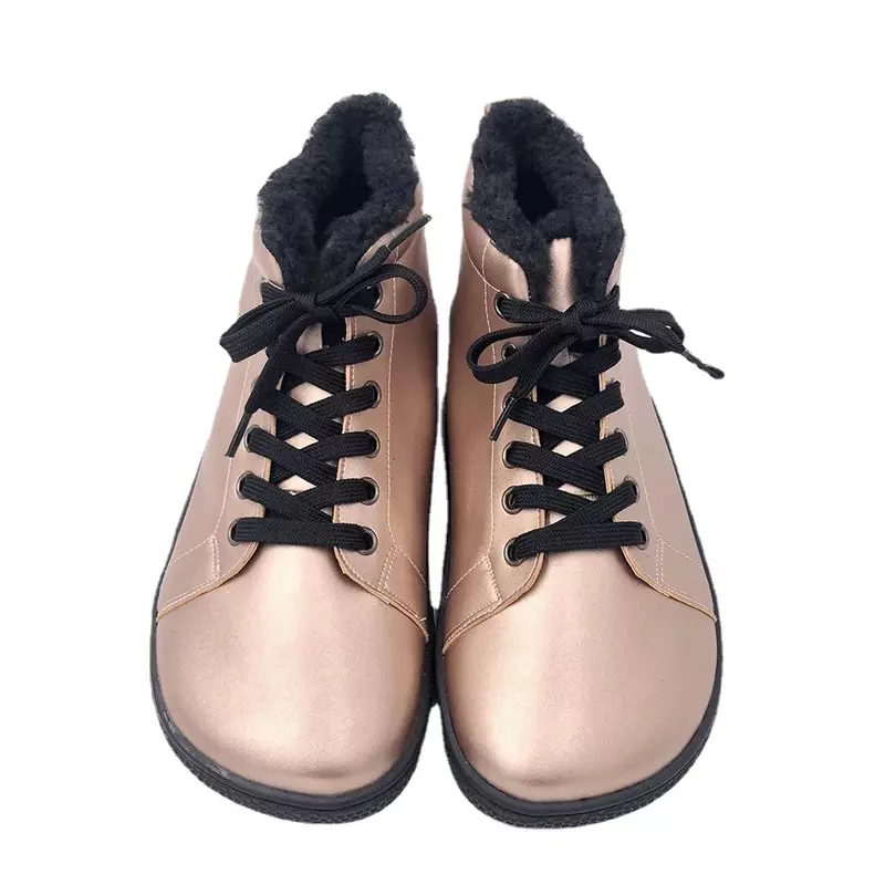 تيشيرت-حذاء شتوي من الجلد مع فرو من الداخل للنساء ، حافي القدمين ، نعل بدون كعب ، خفيف الوزن ، صندوق أصابع أوسع