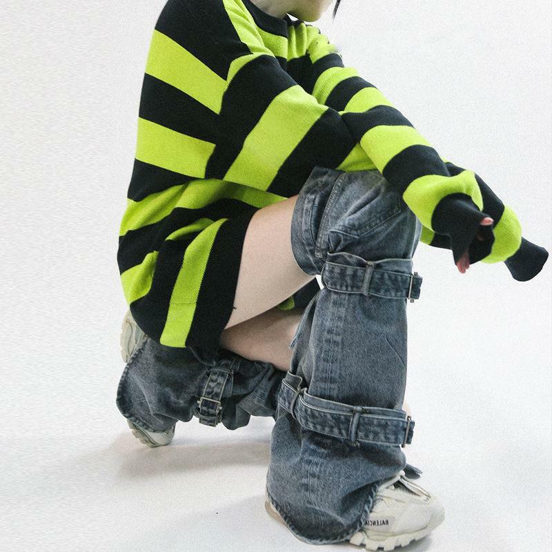 مجموعة الجوارب النسائية جوارب طويلة ذات الضمادات اليابانية لتدفئة الساق مصنوعة من قماش الدنيم تنورة هاراجوكو الشرير الصخرة جوارب عالية للركبة قابلة للتعديل