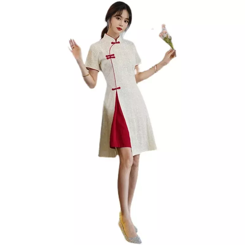 فستان نسائي غير رسمي تقليدي صيني كلاسيكي من تشيباو فستان صيفي بياقة ثابتة وأكمام قصيرة من Cheongsam CNY