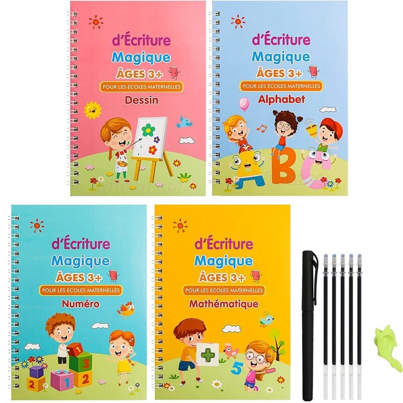 كتاب سحري فرنسي للأطفال ، كتاب ممارسة الأخدود ، أرقام التعلم ، الخط الفرنسي ، كتابة كتاب التدريب
